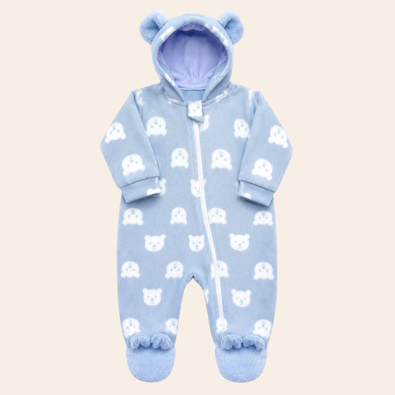 Macacão de Zíper com Pé Pantufa e Capuz